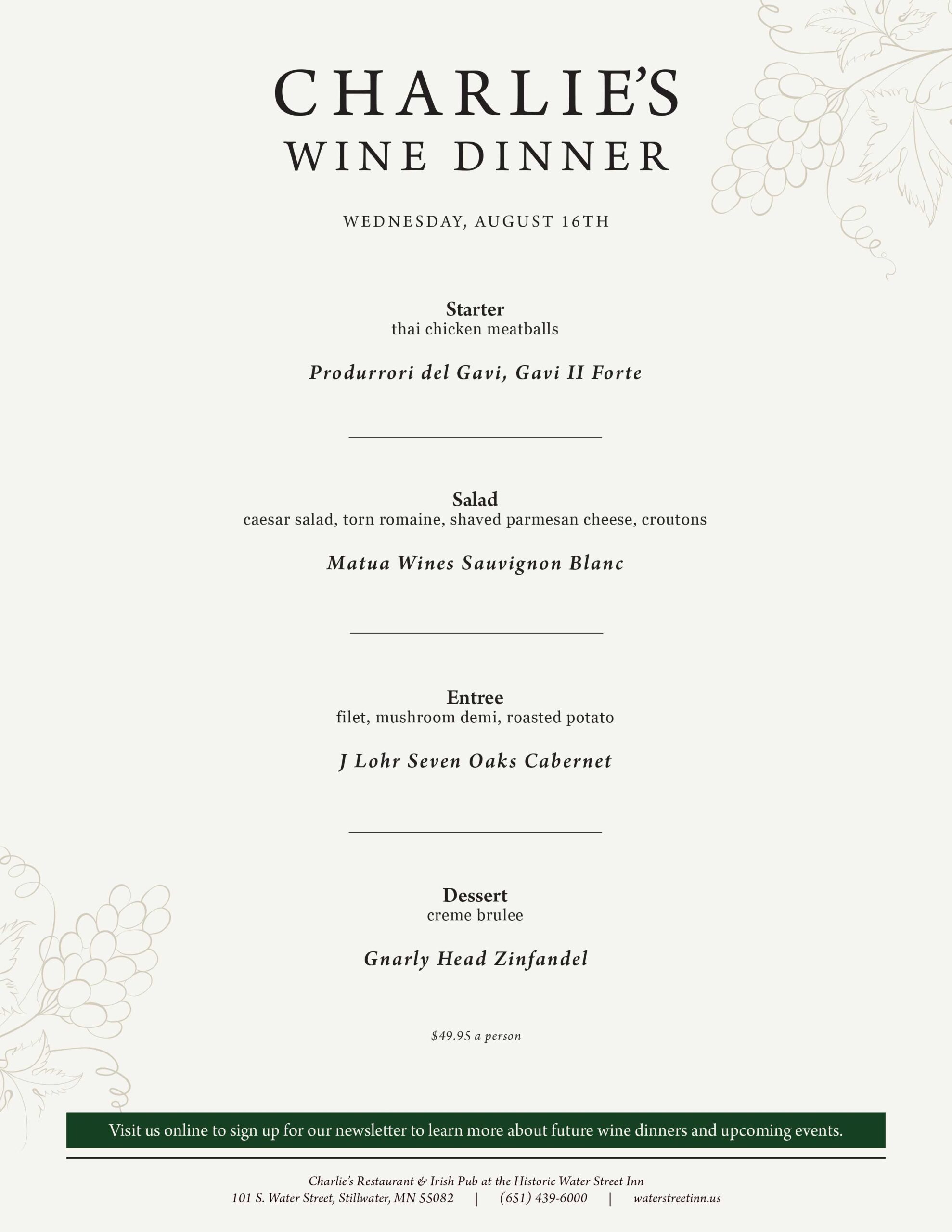 A menu for Charlie's Wine Dinner on August 14th, listing courses paired with various wines.