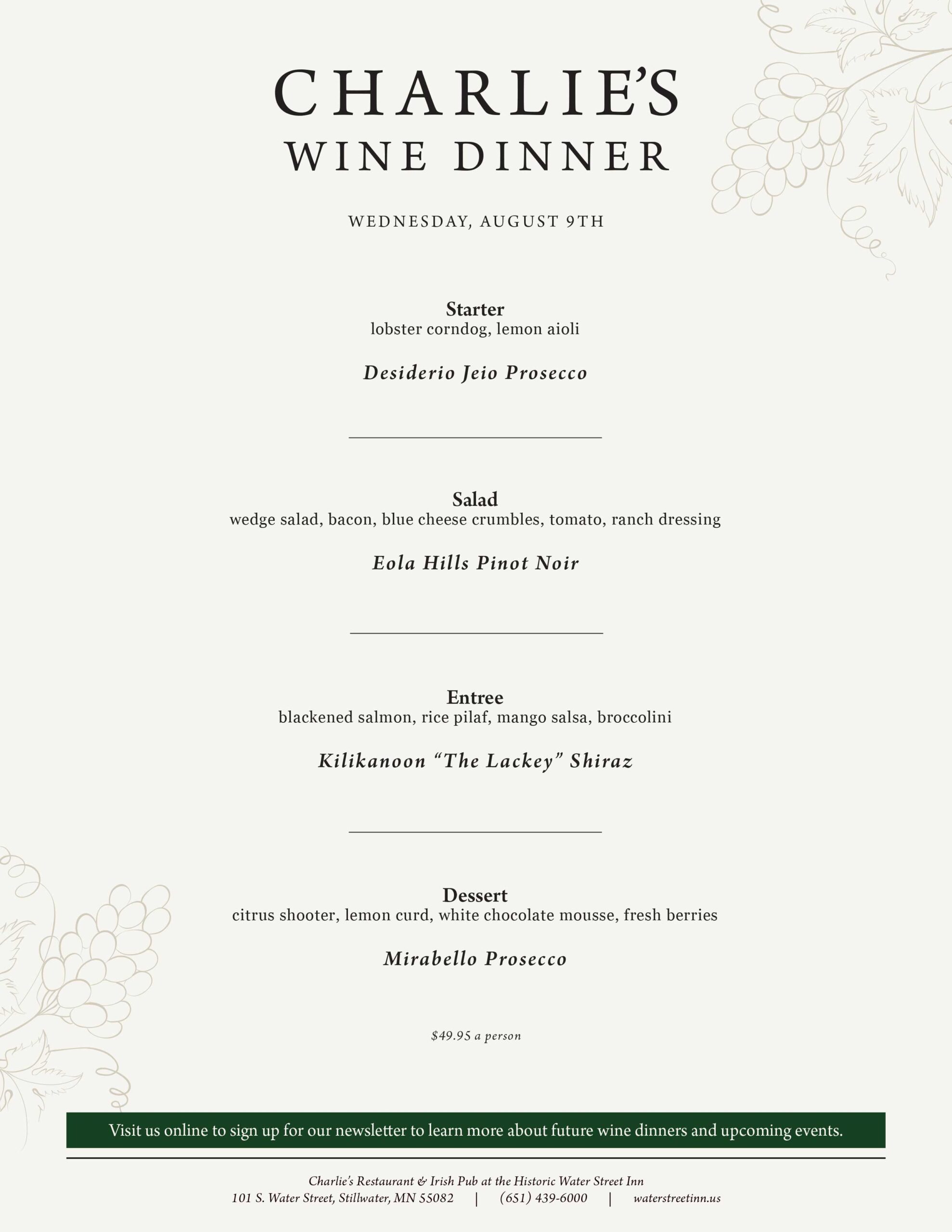 A menu for Charlie's Wine Dinner listing four courses paired with specific wines, including pricing and contact info.