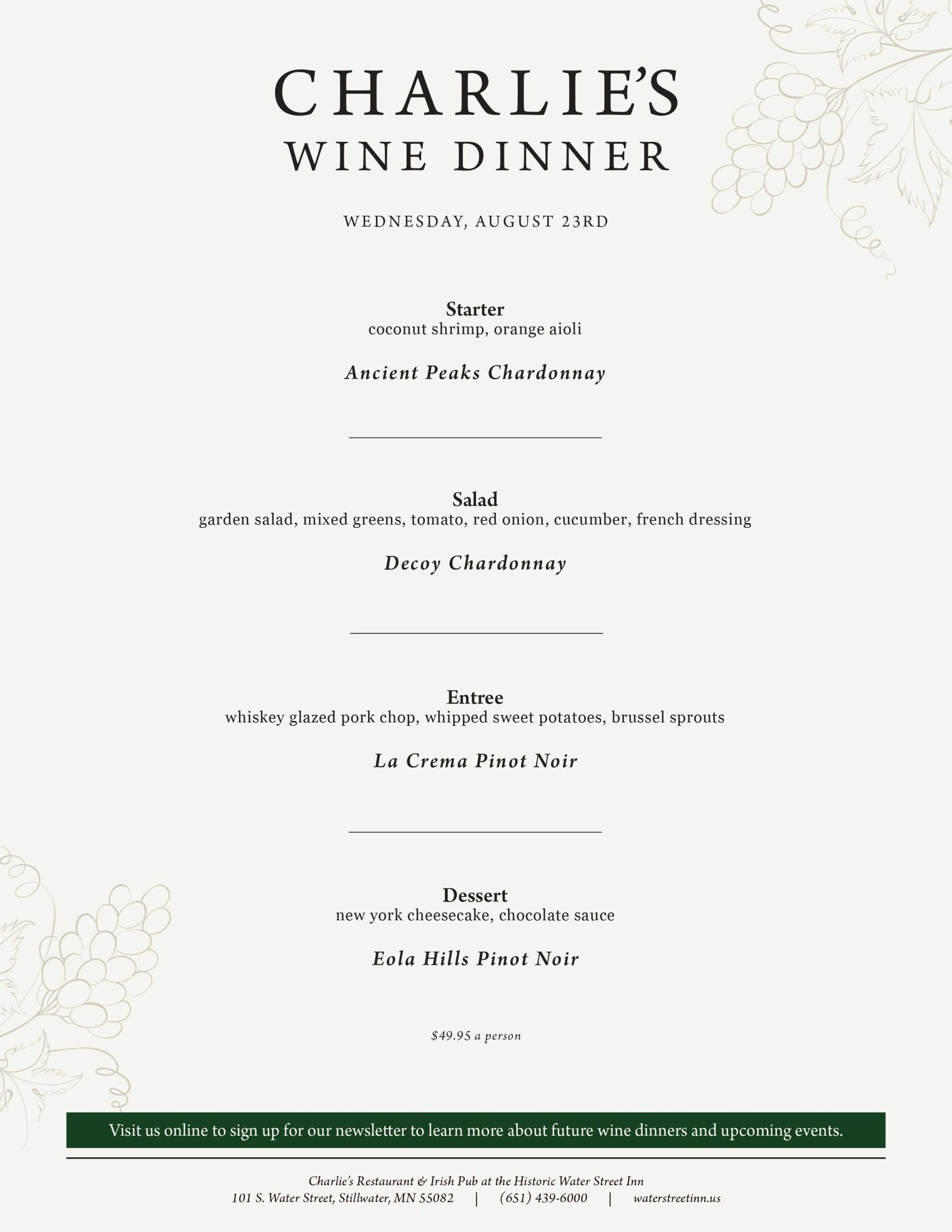 A menu for Charlie's Wine Dinner on Wednesday, August 23rd, featuring four courses paired with specific wines.