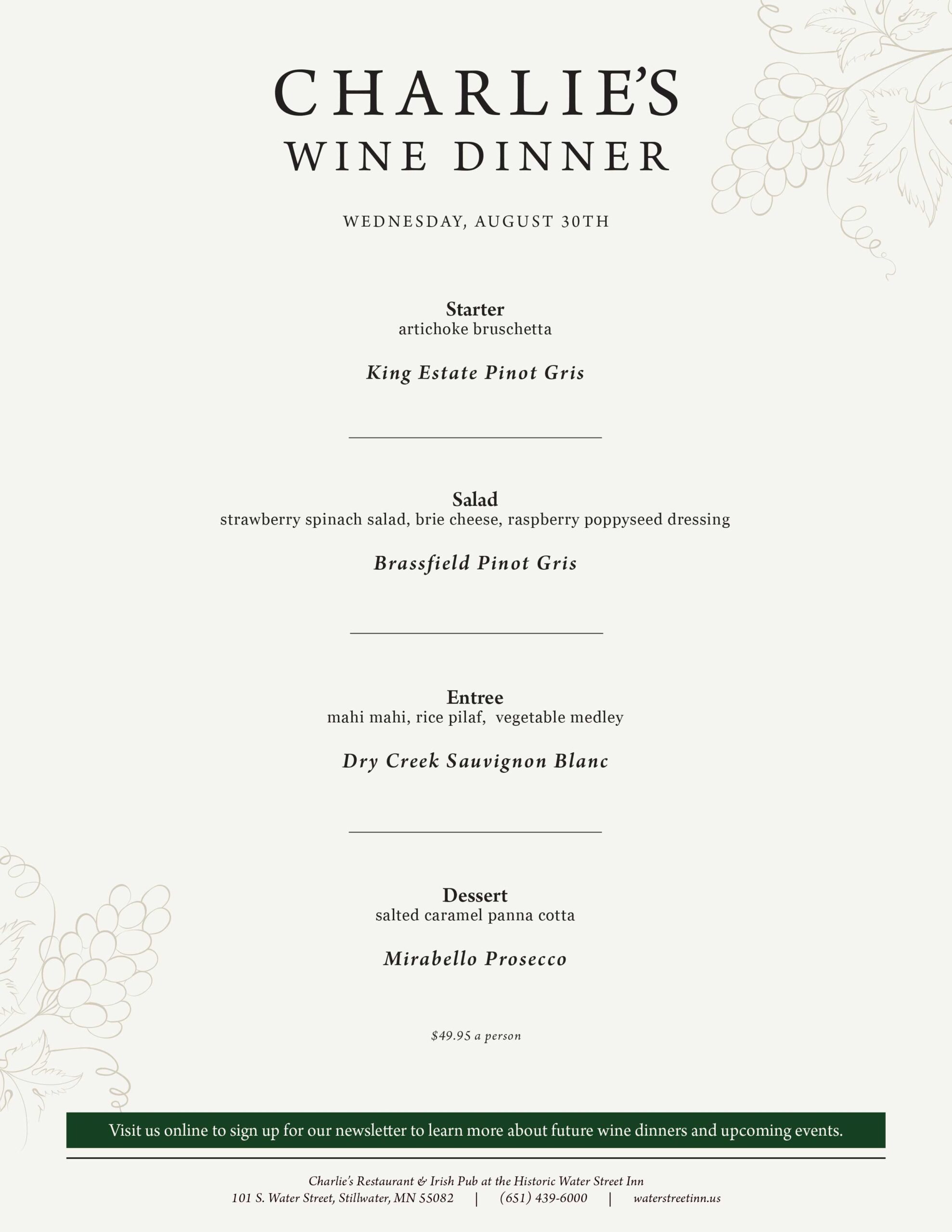 A menu for Charlie's Wine Dinner featuring four courses paired with specific wines, dated Wednesday, August 30th.