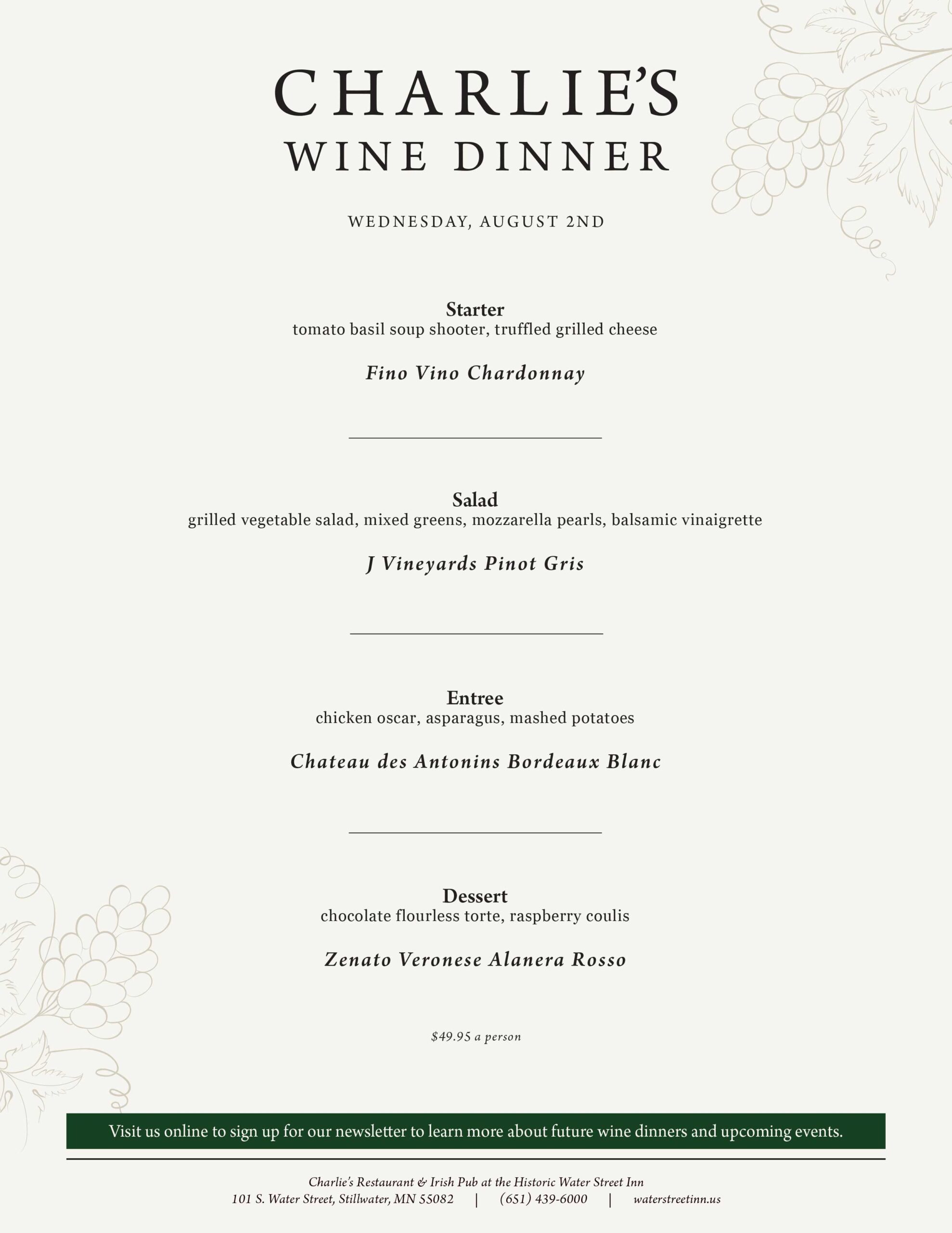 Menu for Charlie's Wine Dinner on August 2nd, listing four food courses paired with specific wines.