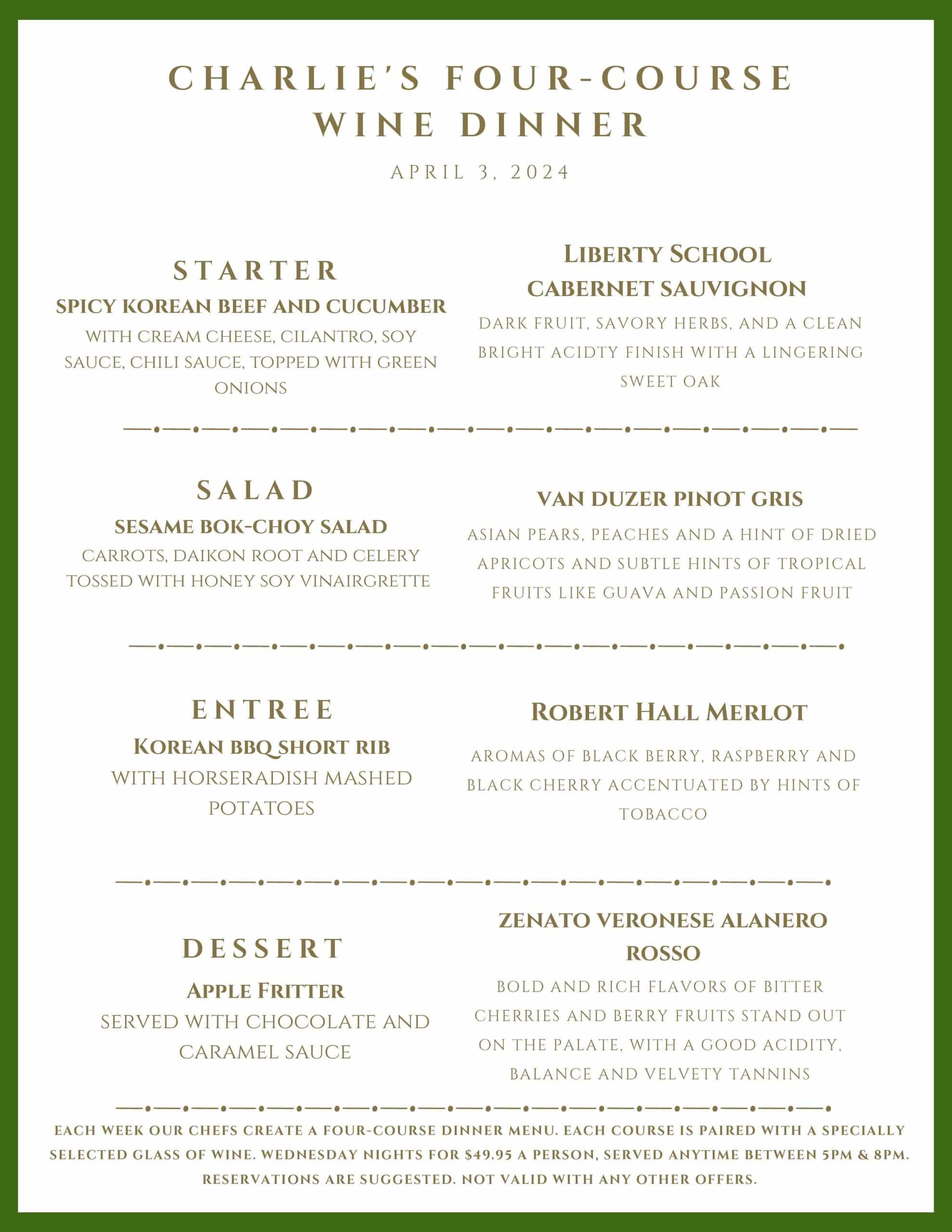 Menu for Charlie's Four-Course Wine Dinner on April 3, 2024, listing food and wine pairings for each course.