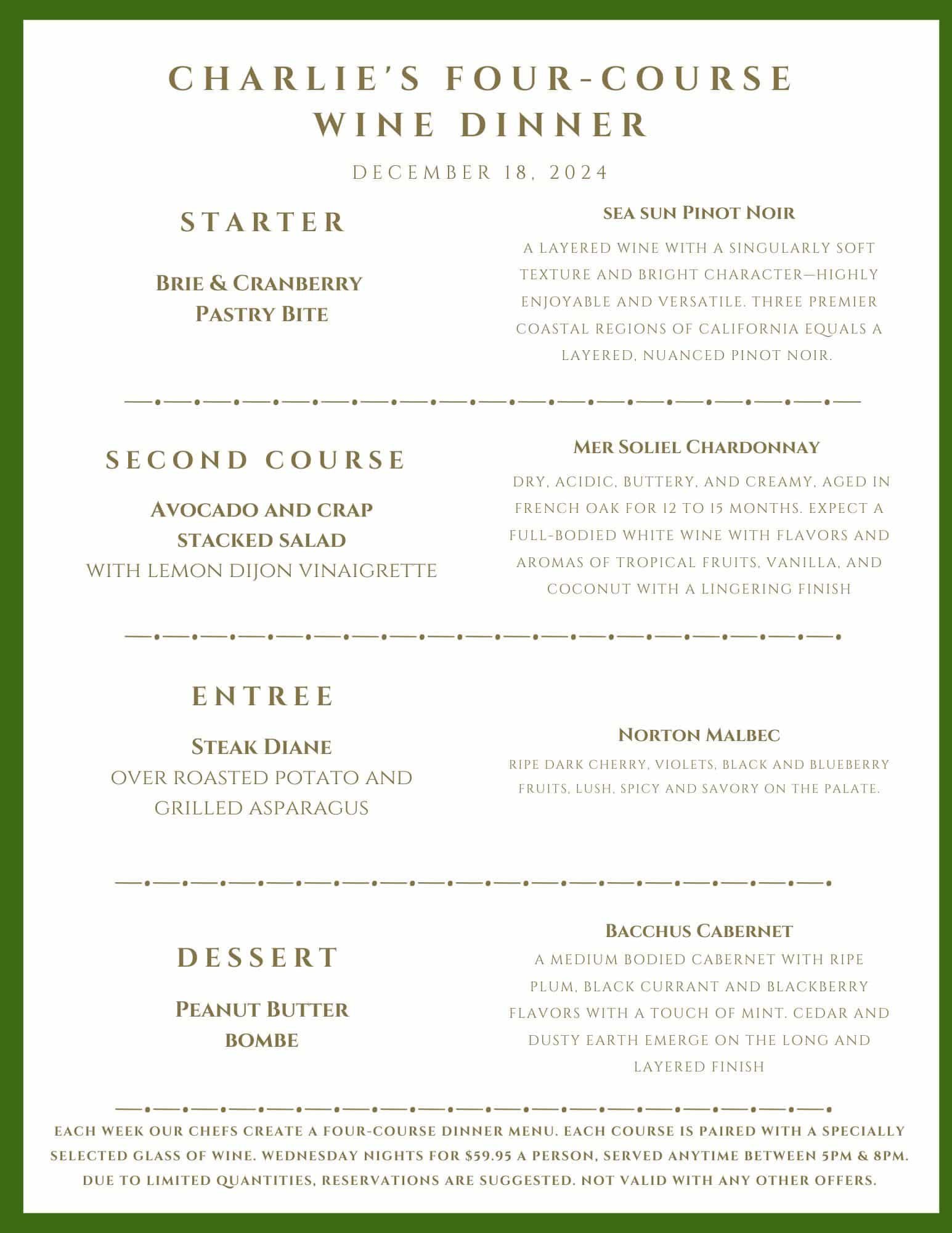 Menu for Charlie's Four-Course Wine Dinner on December 18, 2024, listing four courses paired with specific wines.