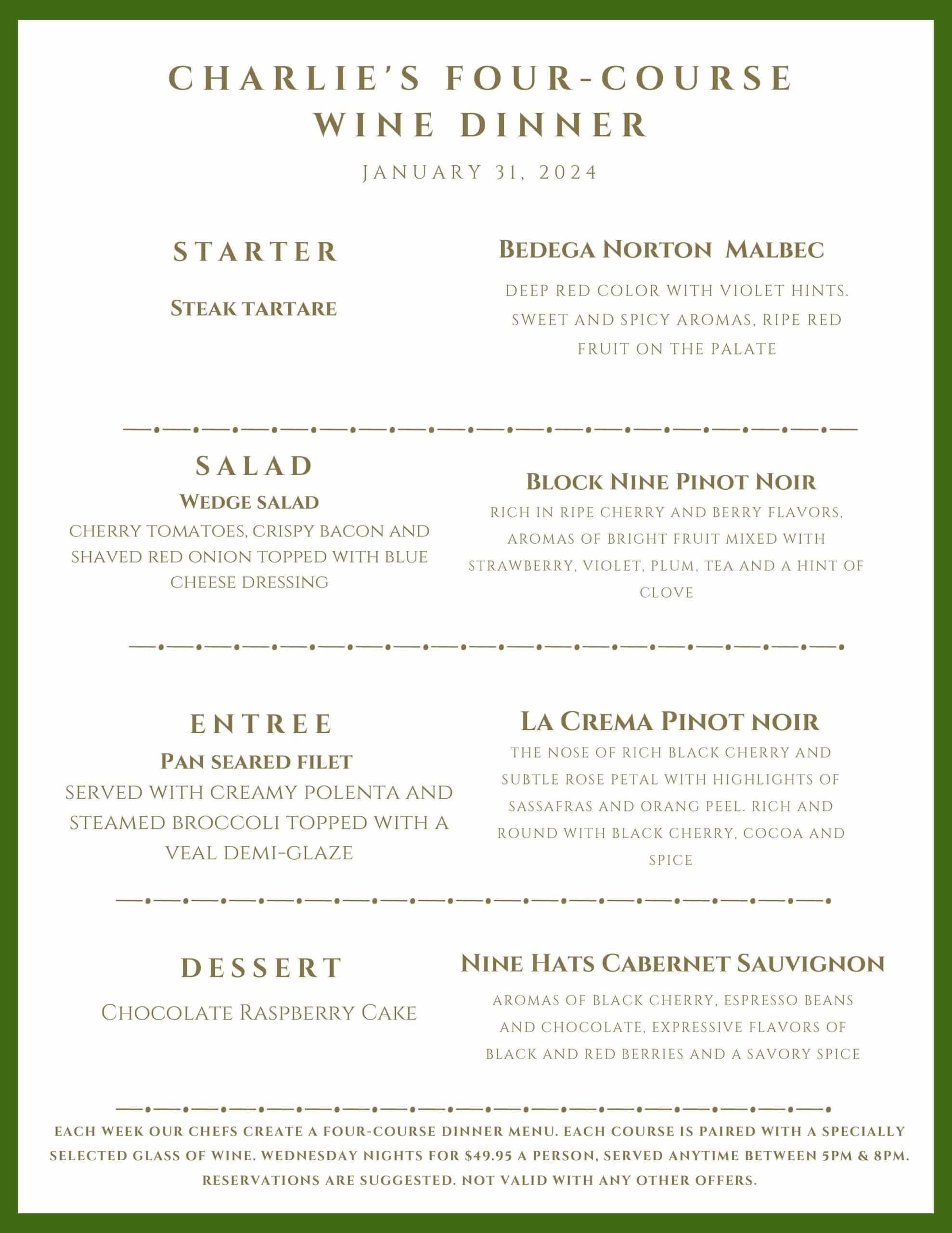 A menu for "Charlie's Four-Course Wine Dinner" on Jan 31, 2024, listing four courses paired with specific wines.