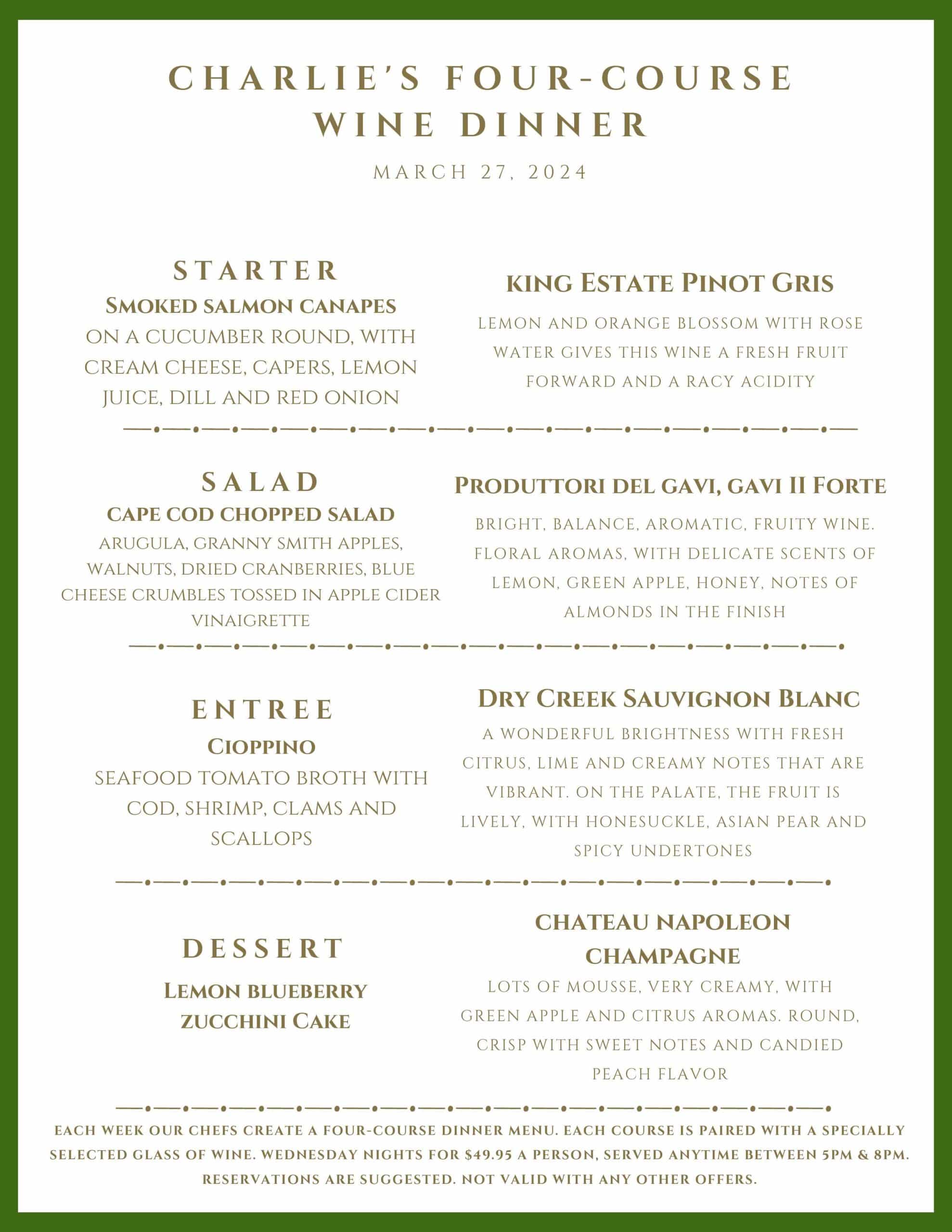 Menu for Charlie's Four-Course Wine Dinner on March 27, 2024, listing four food courses paired with specific wines.