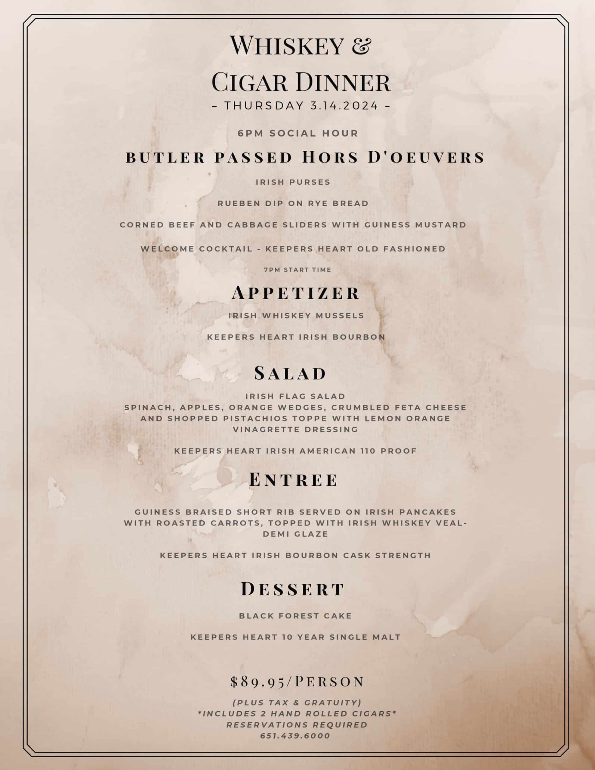 A menu for a Whiskey & Cigar Dinner on March 14, 2024, featuring courses paired with different whiskeys.
