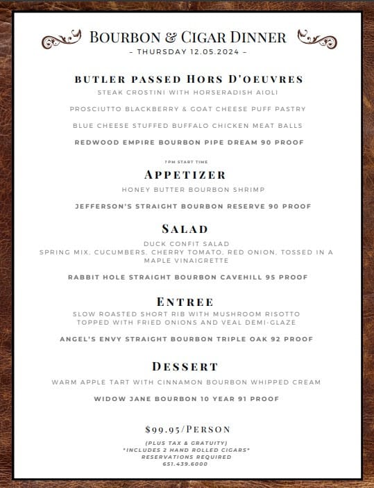 Menu for a Bourbon & Cigar Dinner on 12.05.2024, listing multiple food and bourbon pairing courses for $99.95.