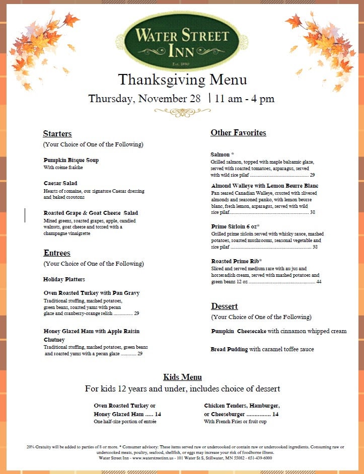 Water Street Inn Thanksgiving menu with starters, entrees, favorites, desserts, and a kids' menu.