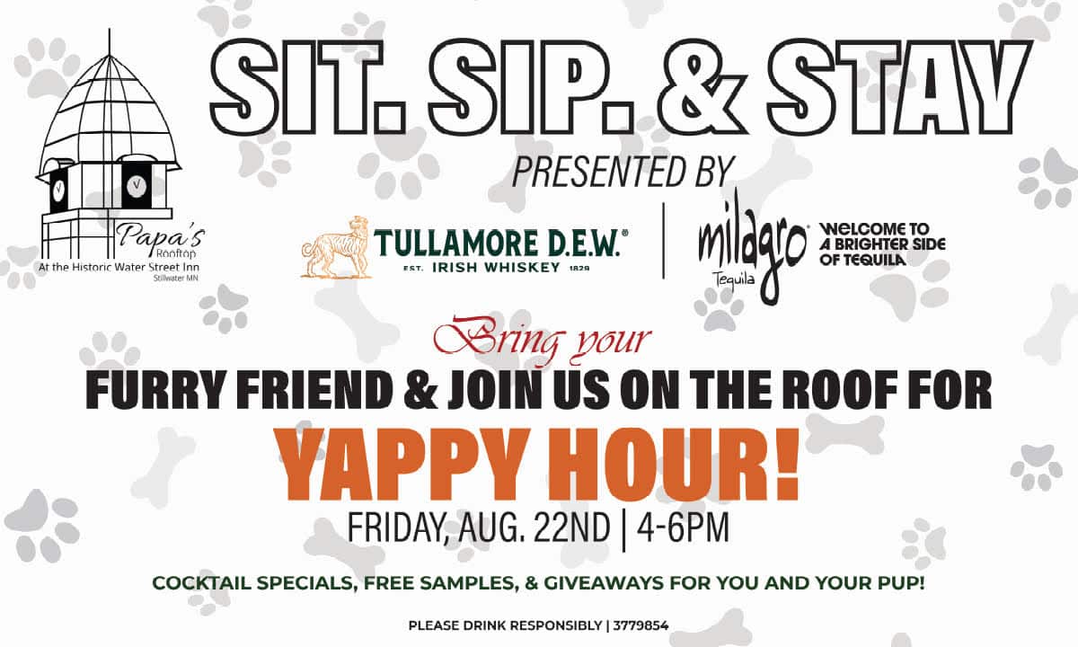 An event flyer for "Yappy Hour" on Friday, Aug. 22nd, 4-6PM, featuring cocktail specials and dog-friendly activities.