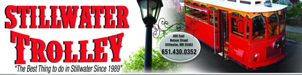 A promotional banner for "Stillwater Trolley," featuring a red trolley car, a street lamp, and contact information.