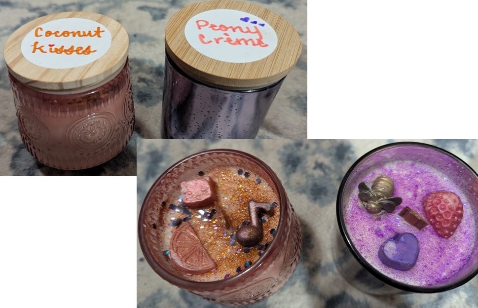 Two jar candles with wooden lids labeled "Coconut Kisses" and "Peony Crème," shown both covered and with decorated wax.