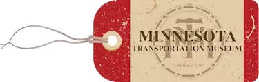 A vintage-style luggage tag for the Minnesota Transportation Museum with a red border and a logo in the center.