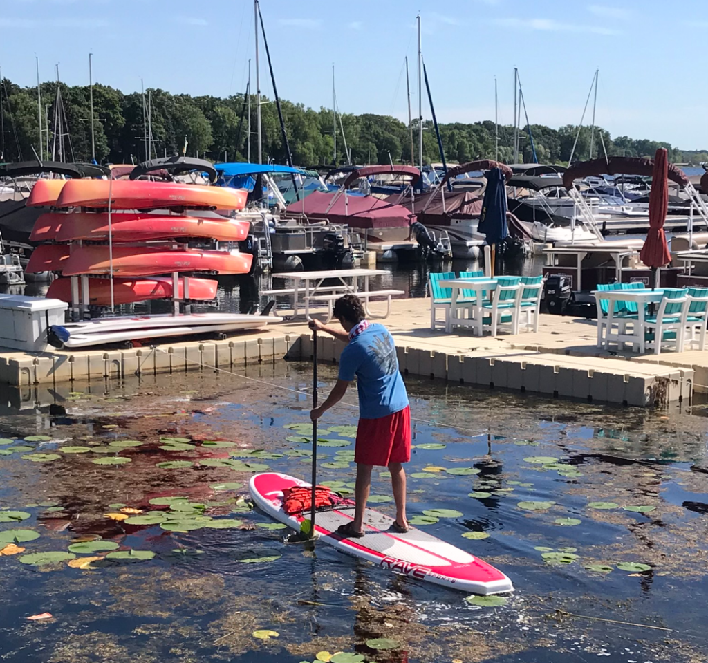 A person paddles a stand-up paddleboard in a marina filled with water lilies and boats docked in the background.