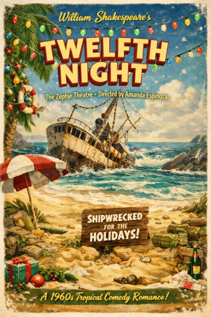 Poster for a Twelfth Night play showing a shipwreck on a beach with Christmas lights and gifts.