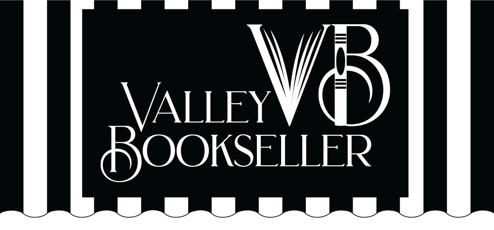 Black and white logo for Valley Bookseller with a striped awning design and stylized letters V and B.