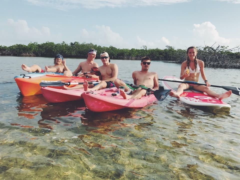 Five people in kayaks and on a paddleboard relax in shallow water near a treeline.