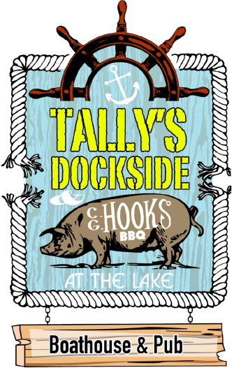 Logo for Tally's Dockside: a sign featuring a ship wheel, pig illustration, and the text "Boathouse & Pub."