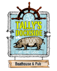 Logo for Tally’s Dockside, featuring a pig, ship's wheel, and rope-border sign reading "Boathouse & Pub."