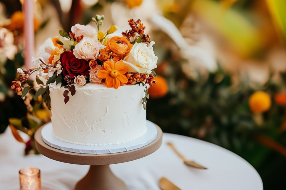 Reserve the Best Wedding Venues in Stillwater, MN 1 wedding cake with flowers at one of the best wedding venues in Stillwater MN